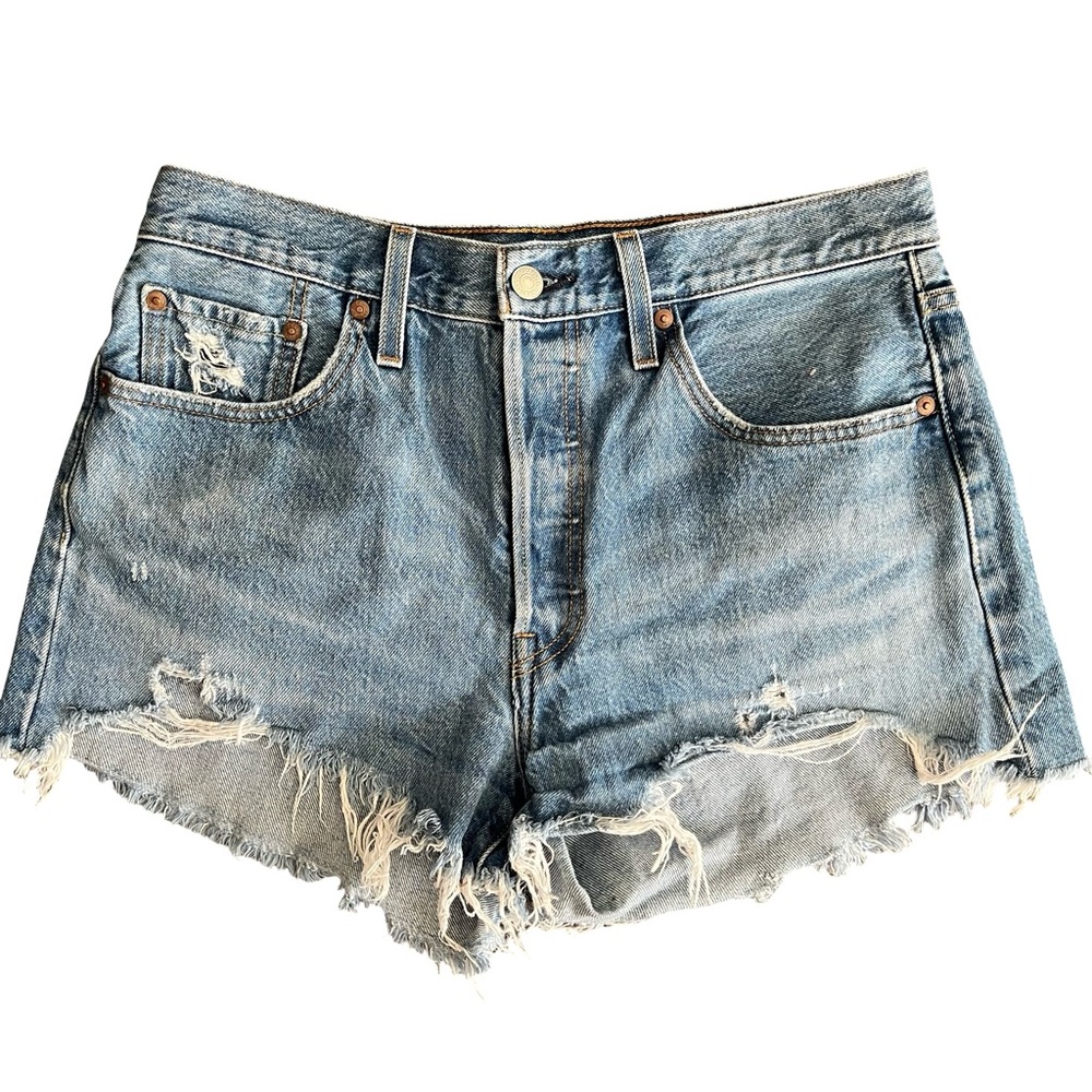 Levi’s 501 Classic Distressed Denim Jean Shorts Light Blue Fray Size 29